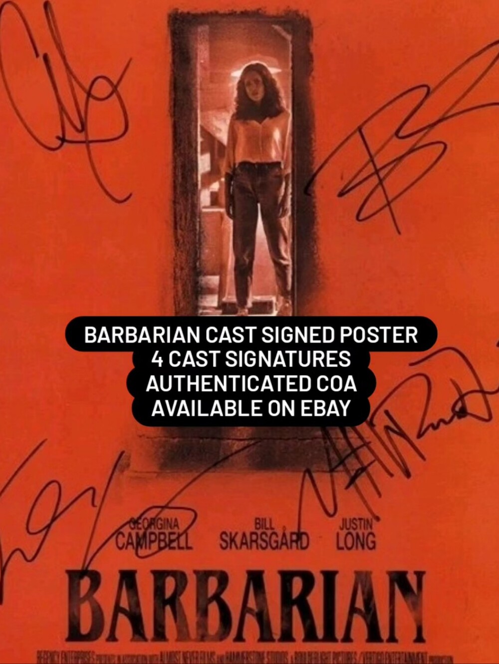 Barbarian Cast Signed Movie Poster Skarsgard Long Campbell Davis Authentigraph